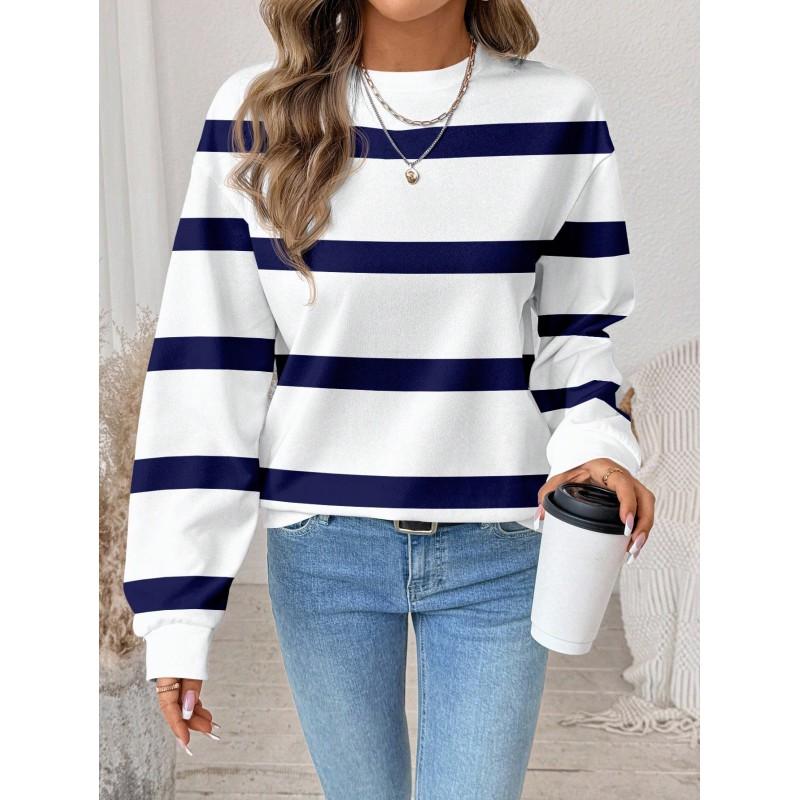 Womens Casual Striped Print Hoodie-Free Sweatshirt Loose Fit Round Neck Long Sleeve Top 2025