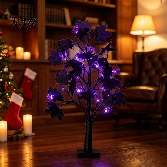 Easy Installation Decor Halloween Maple Leaf Tree Light, LED Lighted Artificial Branch Home Lamp with Pumpkin/Spider/Eyeball/Ghost for Party