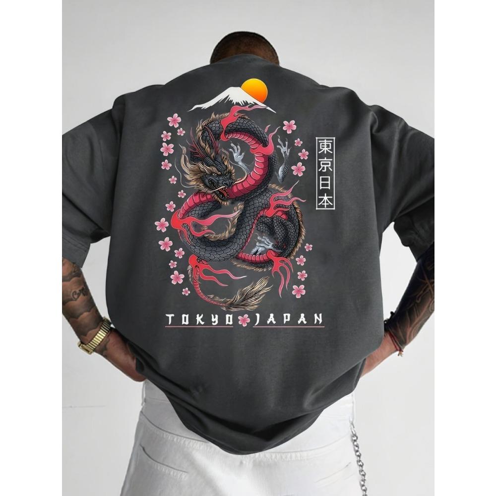 Fashionable Men Pure Cotton Summer New Dragon Print Flower Comfortable Breathable Round Neck T-shirt Outdoor