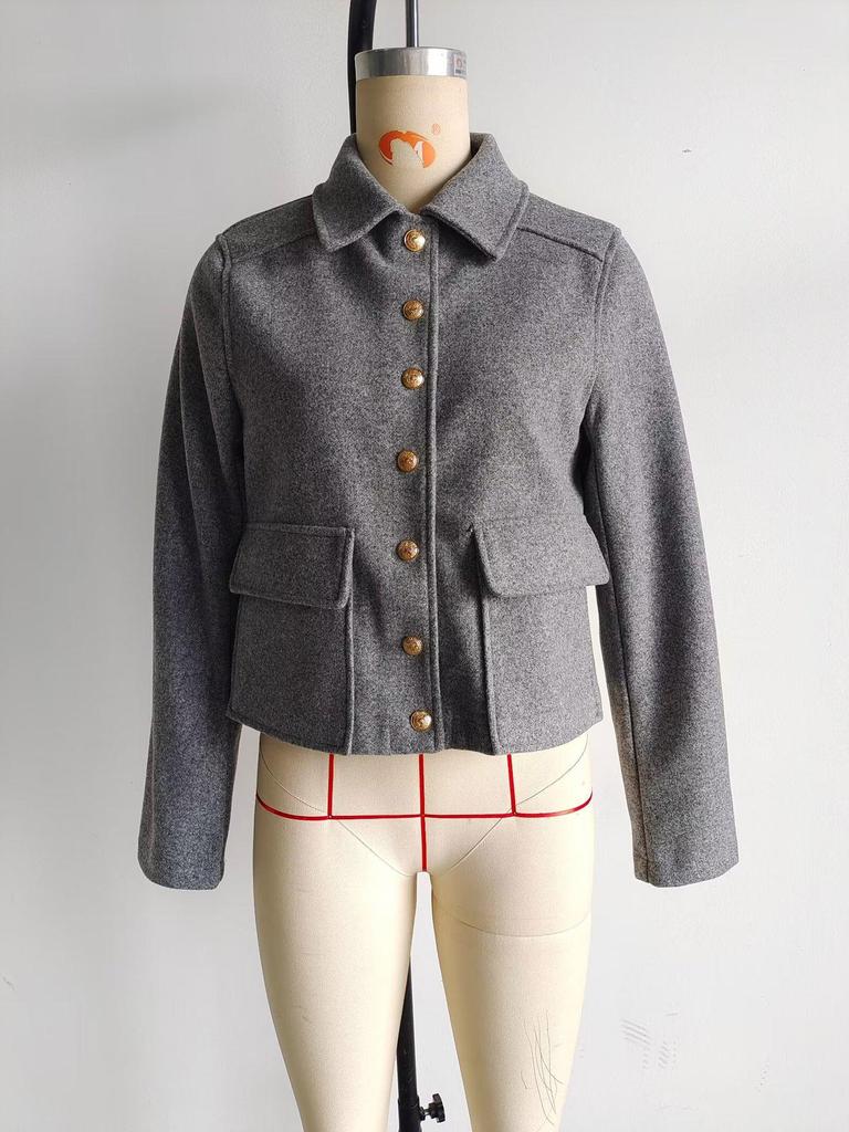 Dámský kabát s klopami a kapsami na knoflíky v evropském a americkém stylu - Jarní a podzimní kolekce 2025