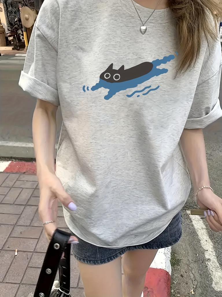 Casual Graphic Tee Womens SpringSummer Loose Fit Round Neck Short Sleeve Playful Cat Design Comfortable FitWhite