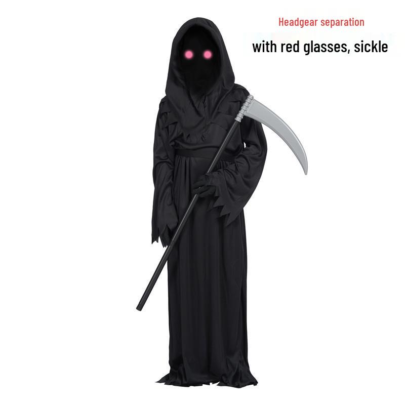 Kids' Luminous Red-Eyed Grim Reaper Halloween Costume Set with Scythe