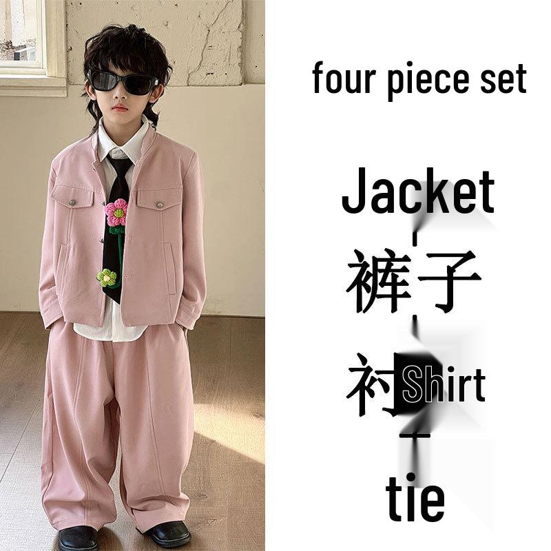 2025 Autumn Pink Casual Boys' Jacket with Stand Collar - Trendy Children's Clothing Set
