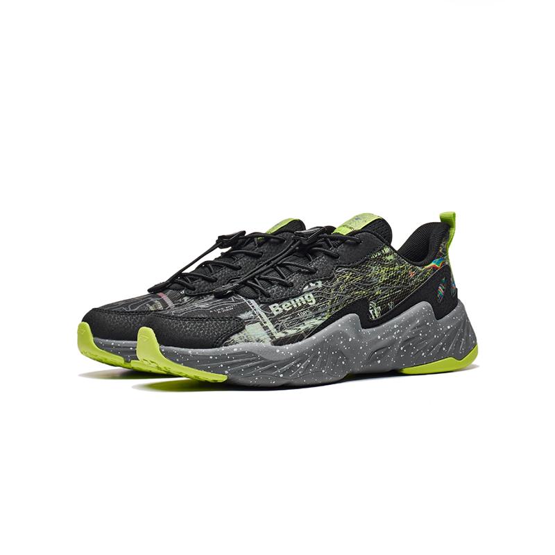 Li Ning Youth  Childrens Glow In The Dark Shock Absorbing Rebound Casual Shoes Kids Shoes Black Green YKCT108-1