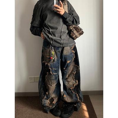 High Street Mode Weite Hosen Damen Amerikanischer Retro Used Look Verwaschen Zerrissen Krummsäbel Hosen Color Blocking Design