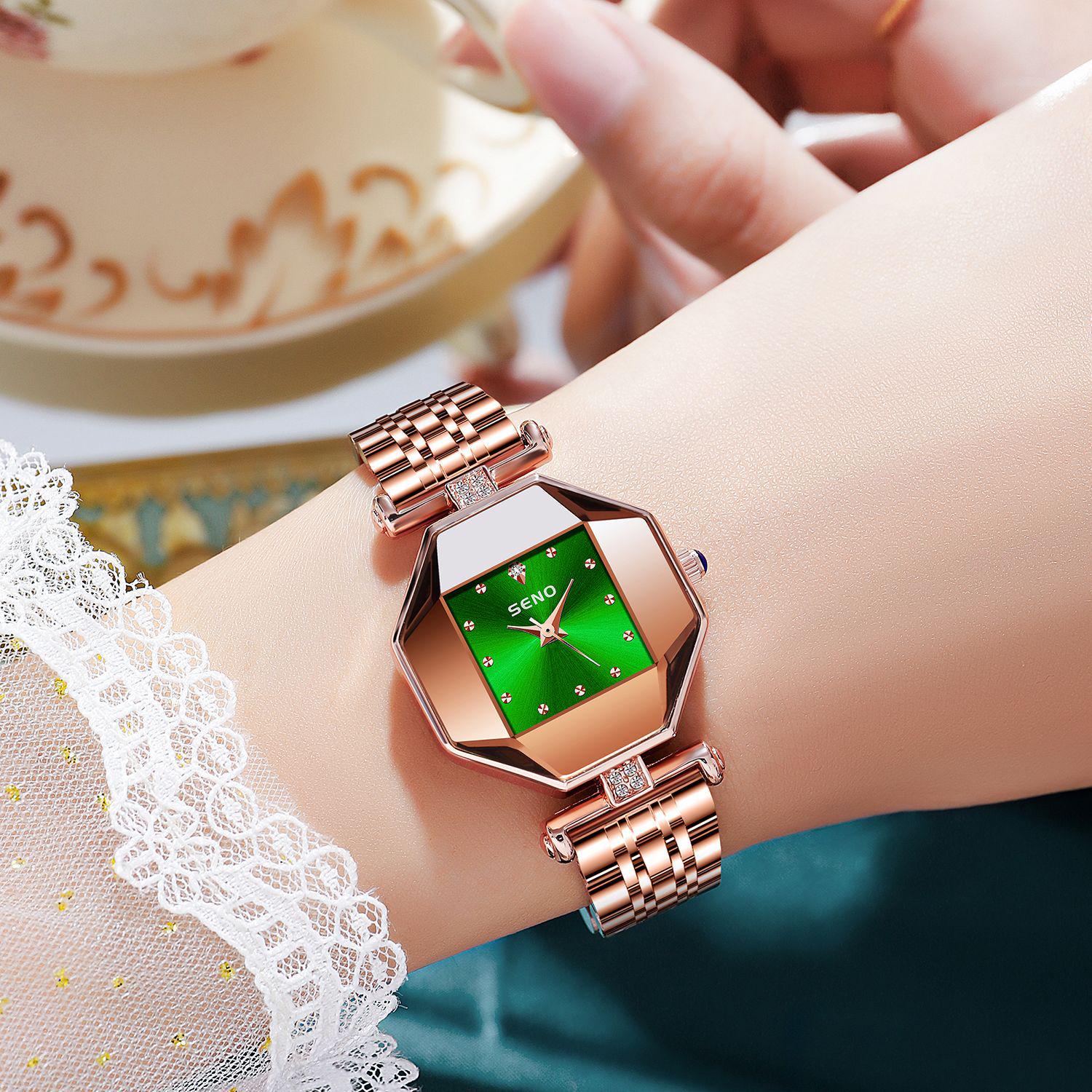 

Elegant Women s Steel Band Wristwatch in Pomegranate Red, Champagne Gold & Green