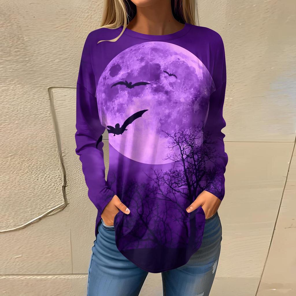 Women's Loose Round Neck  Print Long Sleeve T-Shirt Top Pullover