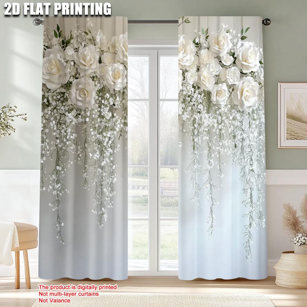 2pcs, Popular Curtains 2D print Elegant White Flowers Polyester Easy Install (without rod) Room Decor Perfect for Bedroom,