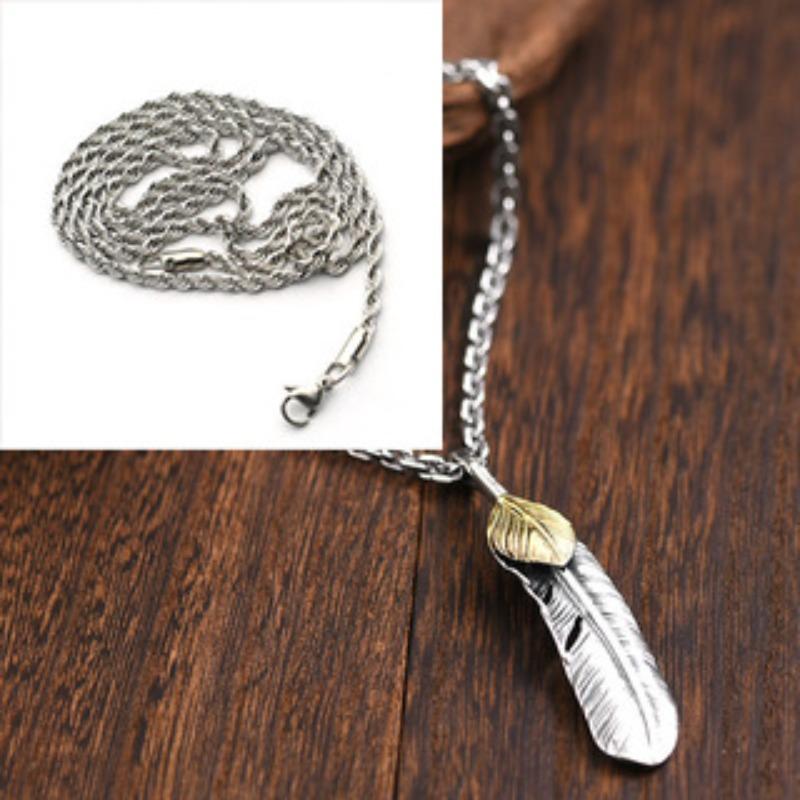 Xinqin Jewelry 925 Silver Feather Necklace Men's Trendy Brand Retro Hip Hop Couple Personalized Versatile Silver Pendant