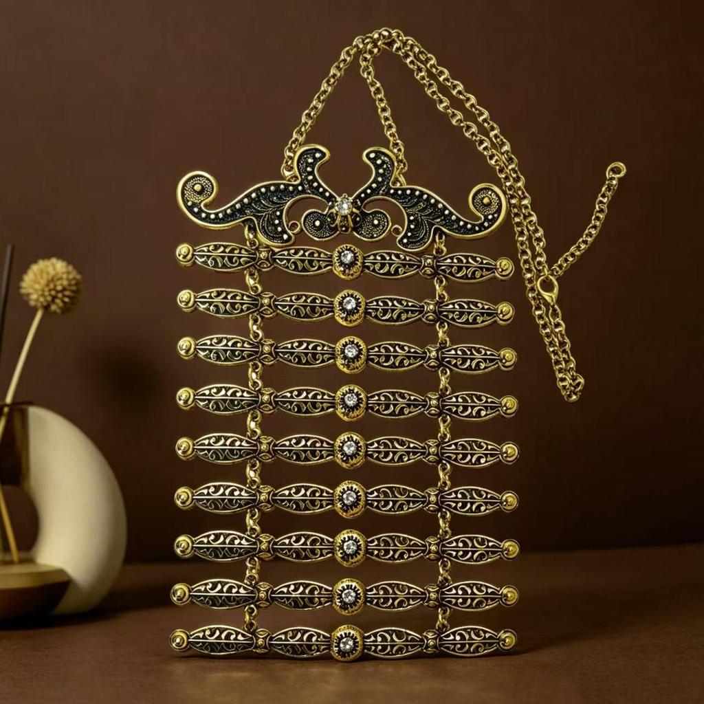 Vintage Ethnic Carved Metal Brooch Necklace for Costumes