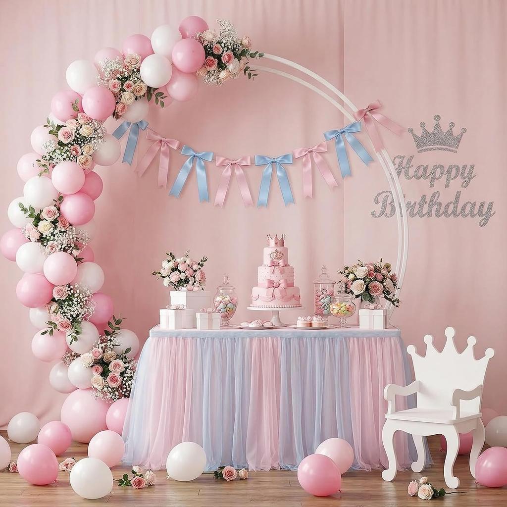 4Strings 24pcs Pink Blue Bow Garland Banner, Pre-Strung Satin Ribbon Decor | Theme Birthday Party, Baby Shower, Bridal Shower, Bachelorette Party