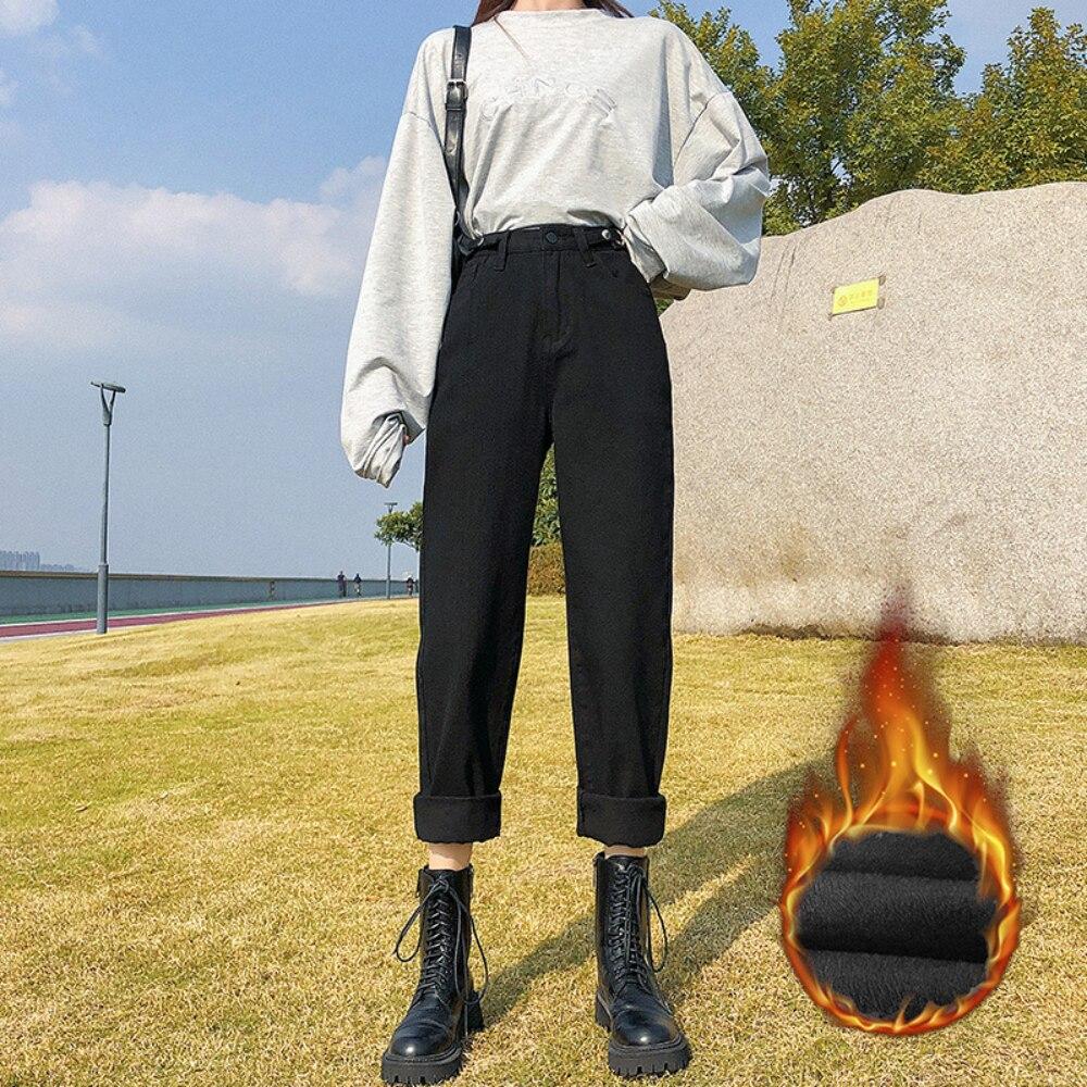 2022 Winter Korean stytle Fashion Warm Womens High Waist Casual Comfort Warm Jeans Loose Denim Harajuku Streetwear straight Pant