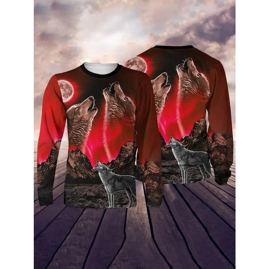 T Shirt for Mens Wolf Pattern Print Long Sleeve Leisure 3D Polyester Man's T-shirts