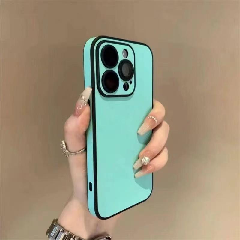 Solid Leather Texture Full Coverage Phone Case With Built In Lens Film For Apple Iphone