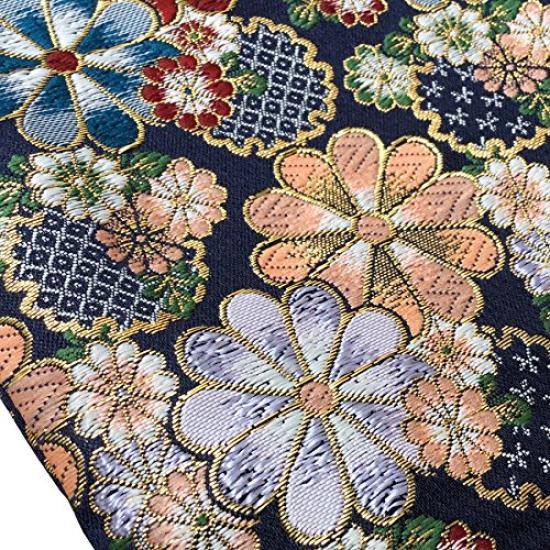 Senshishuin Nishijin Brocade Drawstring Bag Colorful Flowers in Full Large (Lined) - Bloom/Navy,