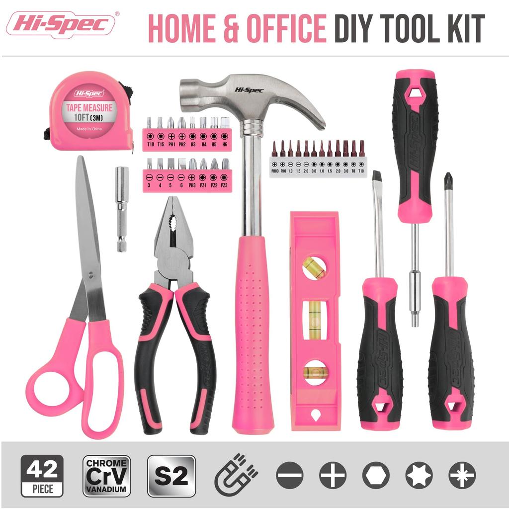 Tool Set for Precision Screwdriver Voltage and Adjustable Perfect for Home with Storage Case Hi-Spec 42-Piece Women Bits, Tester, Hammer, Wrench,