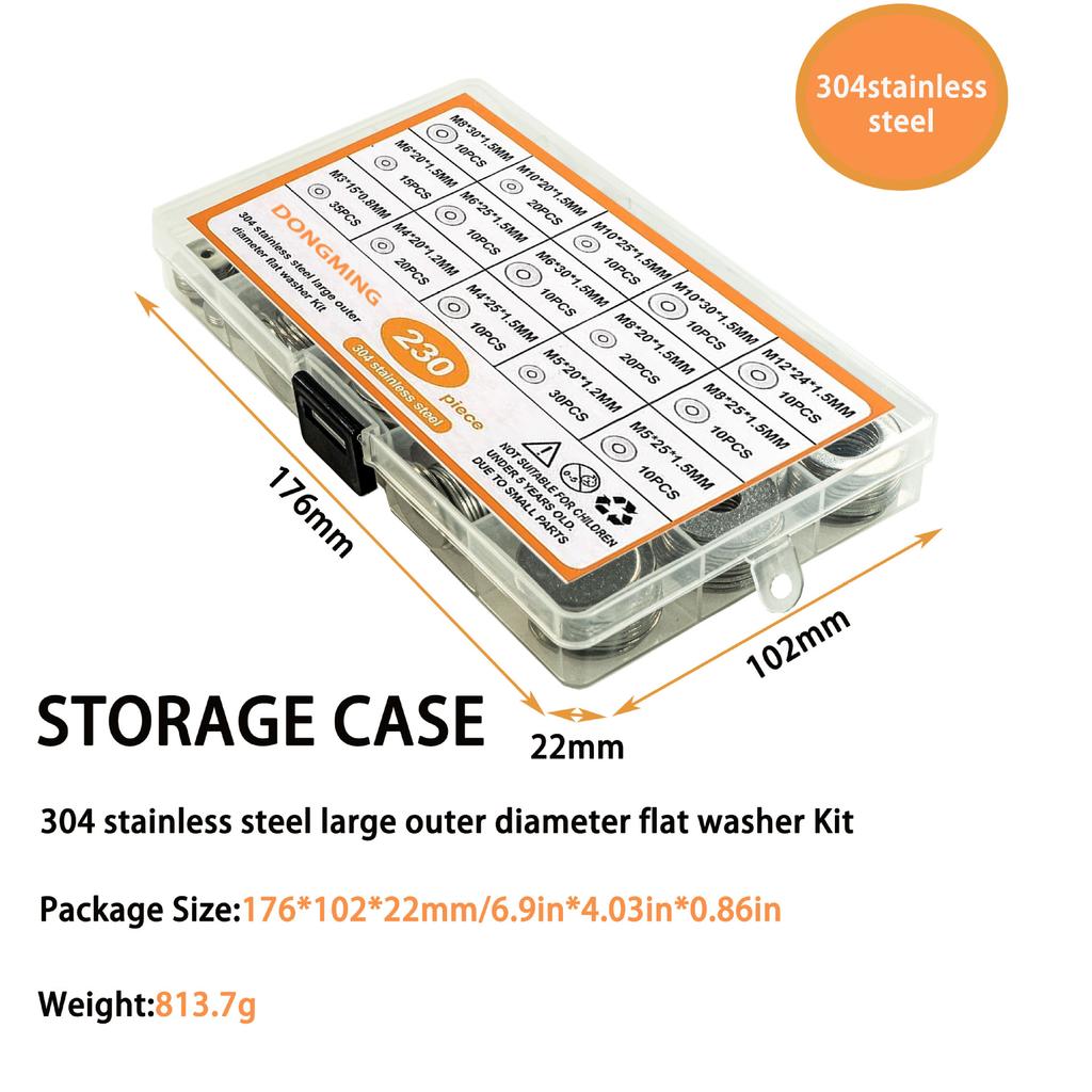 230Pcs Flat Gasket Set 304 Stainless Steel Non-standard Flat gasket/M3M4M5M6M8M9M10M12/box