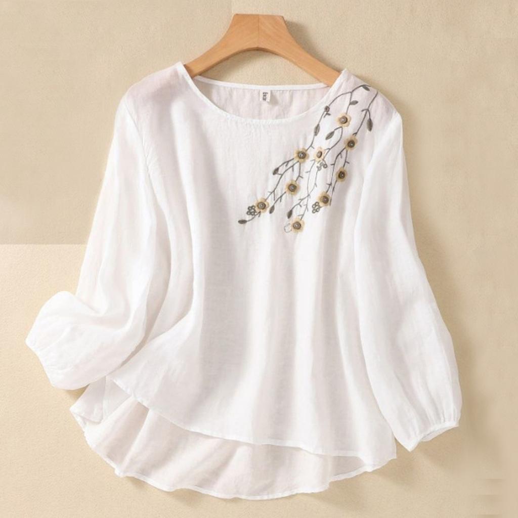 Women's Solid Color Cotton And Linen Long-sleeved Embroidered Retro Breathable T-shirt Round Neck Top