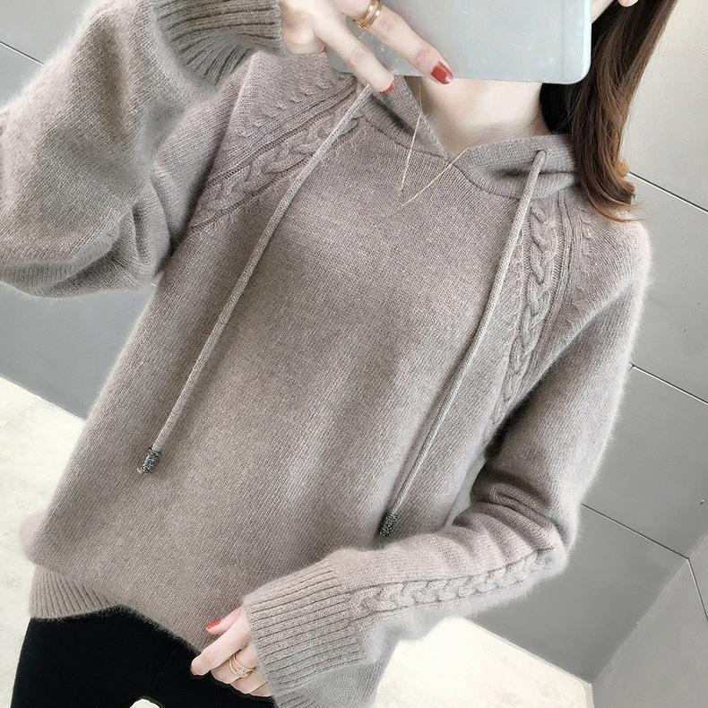 

Свободный пуловер для женщин Свободный однотонный вязаный свитер С длинными рукавами Вязаная толстовка с капюшоном Пальто на осень и зиму S хаки