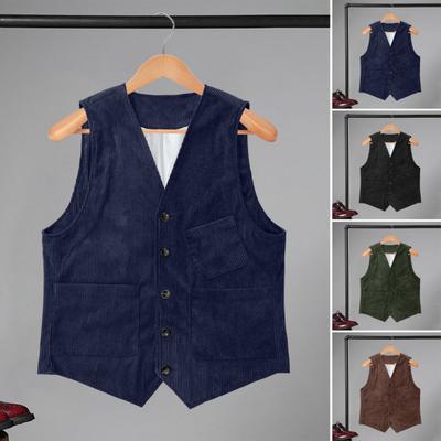 Gilet en velours côtelé pour homme, col en V, sans manches, simple boutonnage, boutons, avec poches, couleur unie