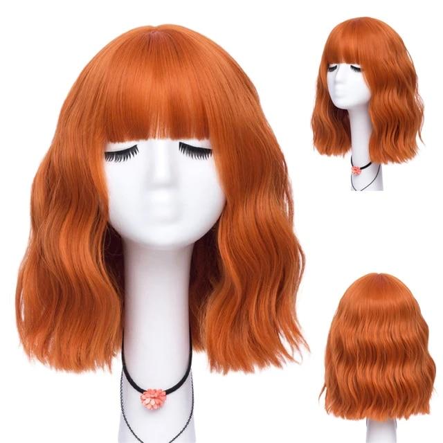 Kurze lockige blaue Bobo-Synthetik-Cosplay-Perücken für Frauen, Orange, Rot, Grün, natürliches hitzebeständiges Haar mit Pony für Mädchen