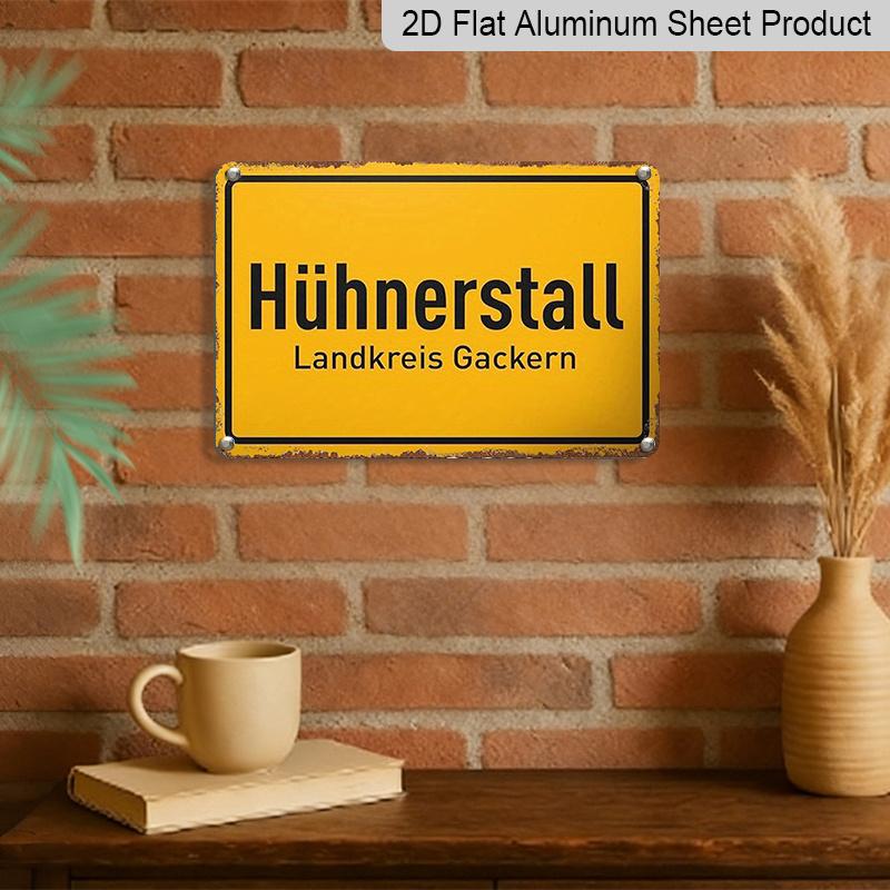 2D Flat, 12"x8" Rustic Vintage Aluminium Metal Chicken Coop Wall Sign - "Landkreis Gackern" German Text & "Hühnerstall" Design, Weather-Resistant