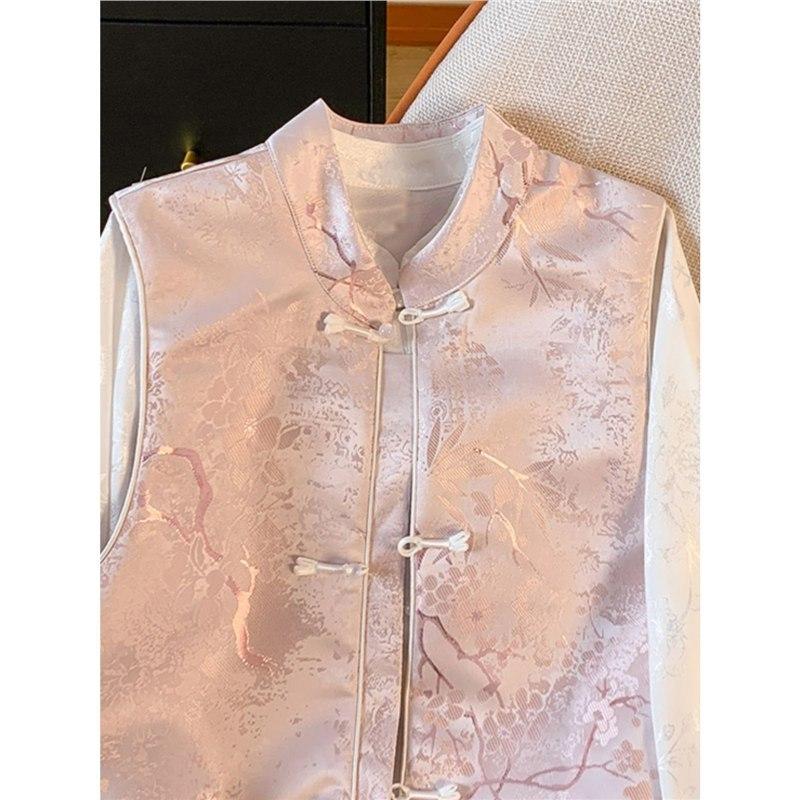 Spring stand-up collar pink vest new retro jacquard luxury improved vest woman