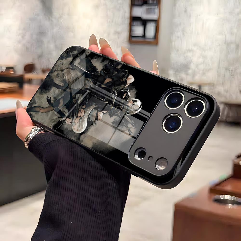 N-NieR A-Automata 2B Phone Case For IPhone 17 Air 16 E Pro Max 15 14 13 Mini 12 Pro 11 Max Plus Black Glass Cover