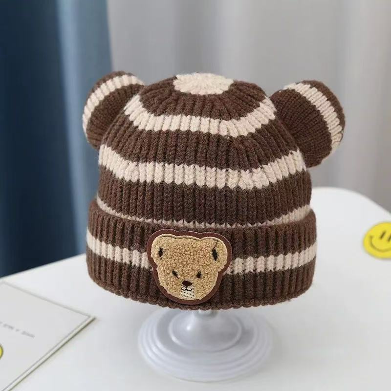 Baby hat winter boy super cute striped bear wool hat newborn autumn and winter children's knitted hat tide