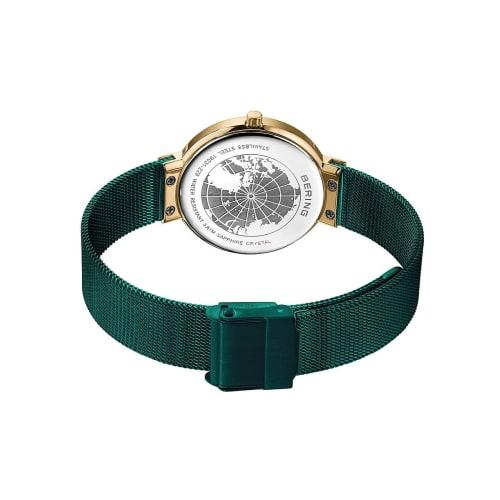 BERING Women's Quartz Watch, Green and Gold, Stainless Steel, Mesh Strap, Japan Exclusive, 19031-828, Officially Imported, 3-Year Warranty, Scratch-Re