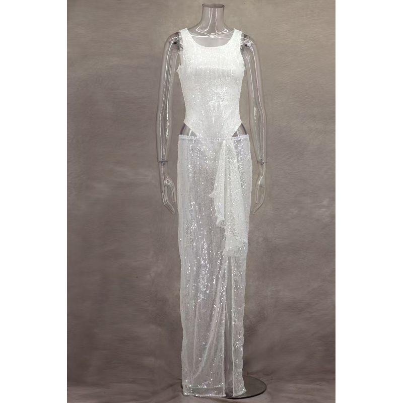 

Western Style Fashion Sequin Sleeveless Jumpsuit + Skirt Two-Piece Jumpsuit and Skirt Set White M
