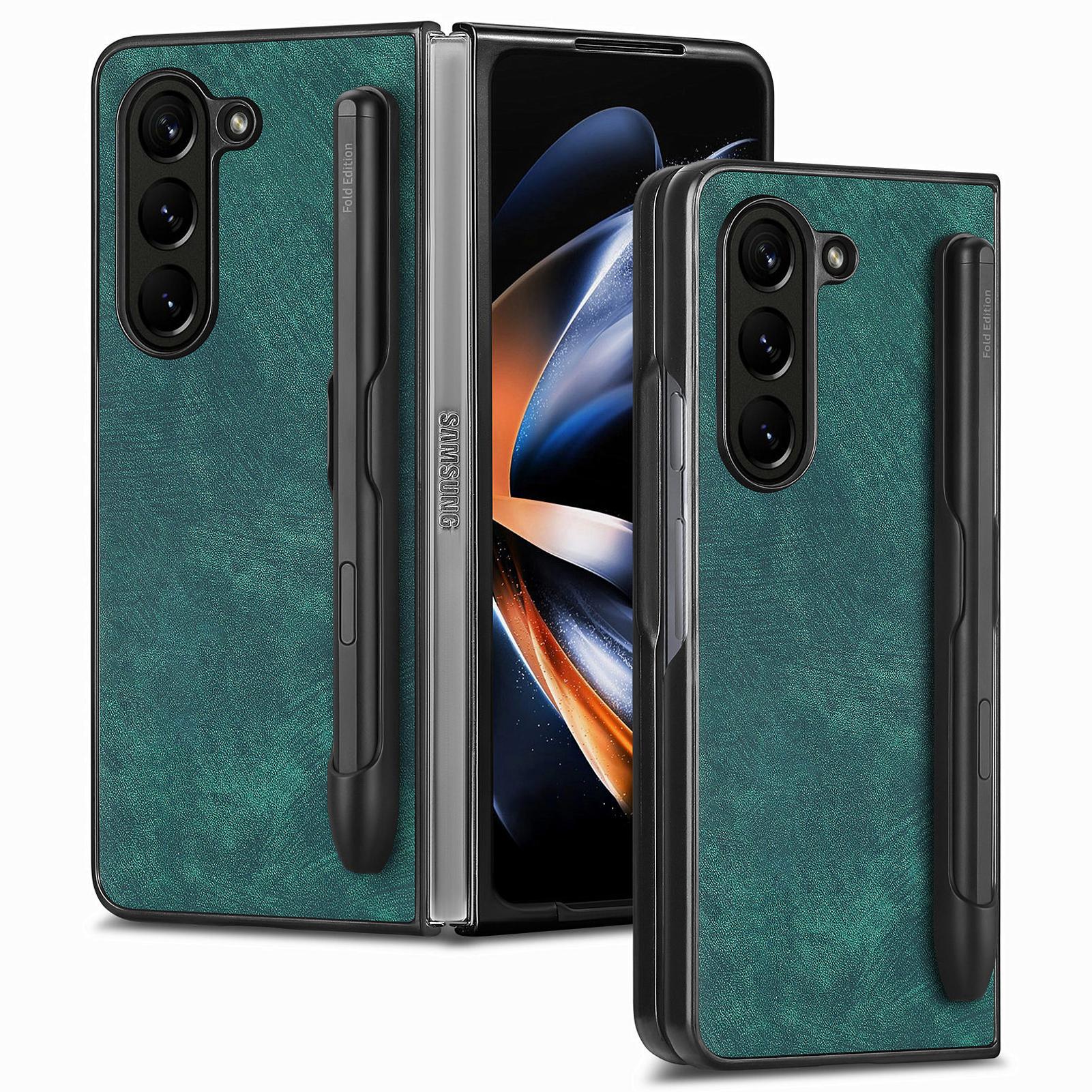 

For Samsung Galaxy Z Fold6 5G Case Retro PU Leather+PC Cover with Pen Slot Green