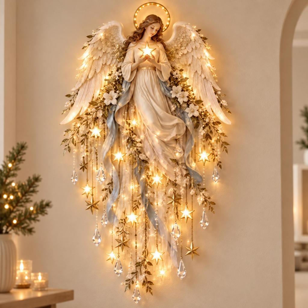 Acrylic Holiday Angel Wall Art with Pendant Accents Layered Floral Hanging