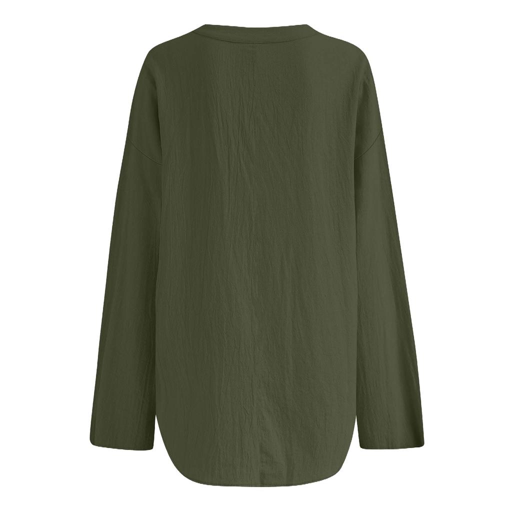 Women's Fashion Casual Solid Color Printed Drop Shoulder Long Sleeve V-Neck Women's Hemp Top