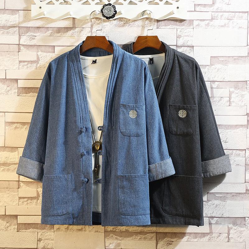 Herren Frühling Denim Tang Anzug Jacke mit chinesischen Froschknöpfen: Zen-inspirierte taoistische Hanfu-Robe