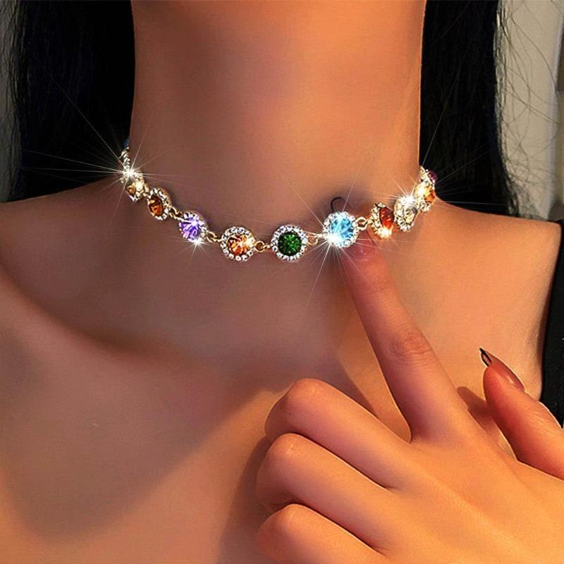 Colorful AAA Crystal Choker Necklace for Women Girls Sparkly Rhinestone Chokers Necklaces Gold Chain Party Prom Jewelry Gifts
