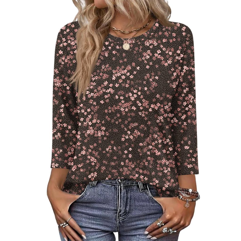 343/4 Sleeve Shirts For Women Cute Print Graphic Tees Blouses Casual Plus Size Basic Tops Pullover