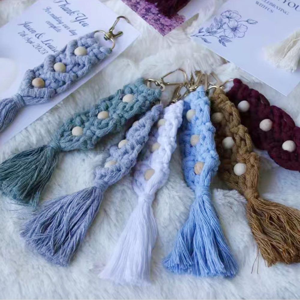 Nordic Minimalist Handmade Tassel Keychain with Woven Wood Beads and Cotton Rope