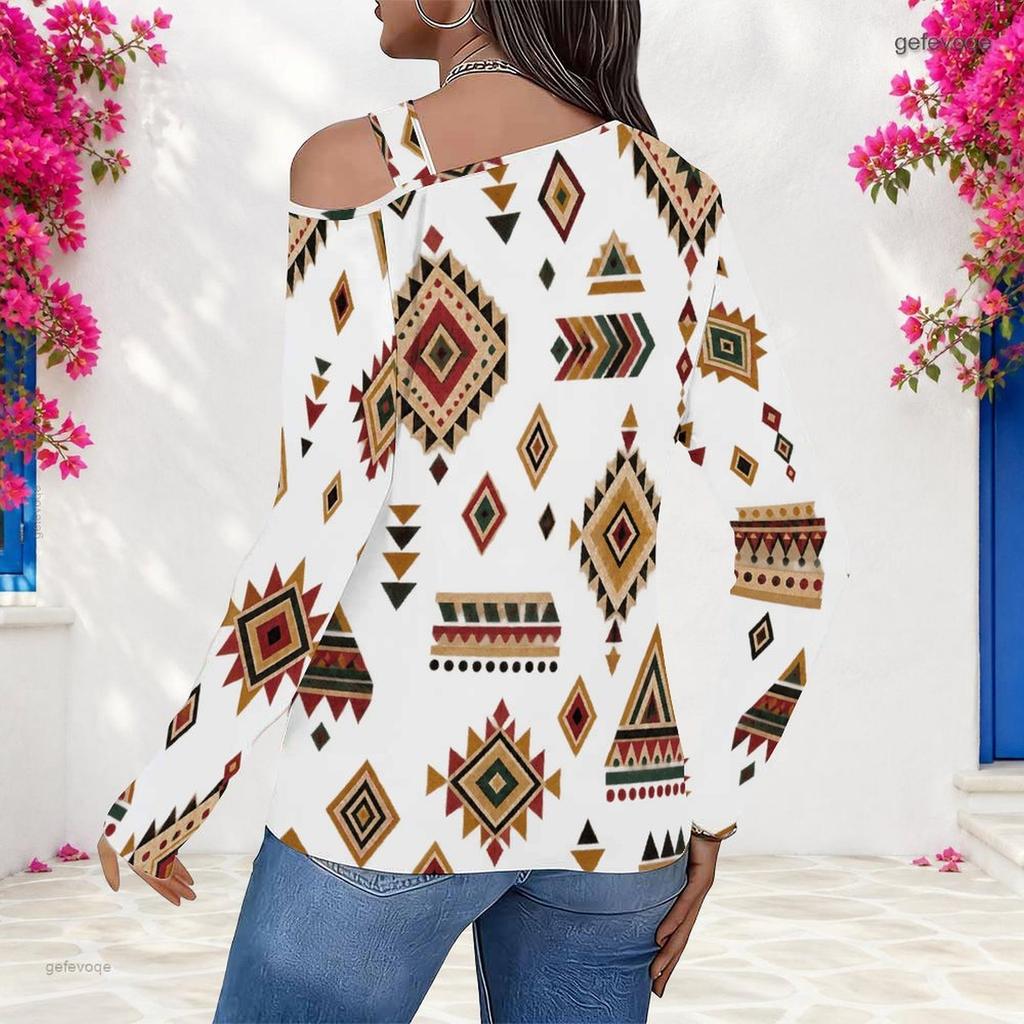 Women Plus Size Asymmetric Cutout Neck Cold Shoulder Long Sleeve Paisley Printed Blouse