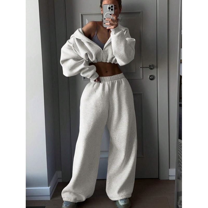 Western Style Fashion Casual Loose Hood Short Jacket Trousers Set Hooded Top and Pants Set