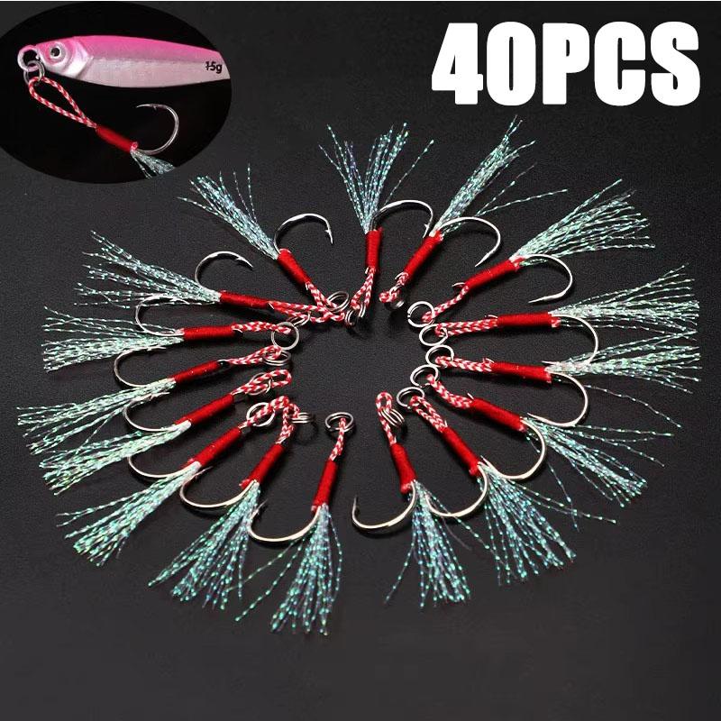 20/100Pcs Slow Jigging Fishing Cast Jigs Assist Hook Barbed Single Jig Hooks Thread Feather Pesca High Carbon Steel Fishing Lure