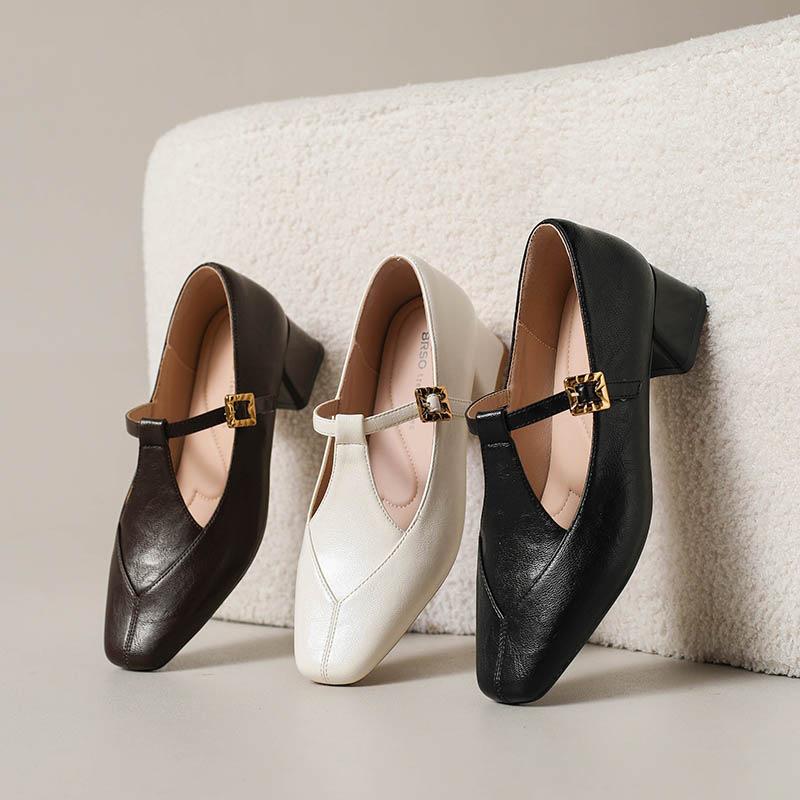 French retro Mary Jane shoes women's 2025 new autumn thick heel medium heel single shoes T-buckle with light mouth small leather shoes