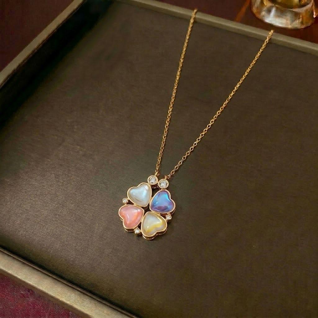 Women's Heart-Shaped Necklace with Four-Petal Flower, Cubic Zirconia, Titanium Steel Clavicle Chain - Elegant and Versatile Accessory