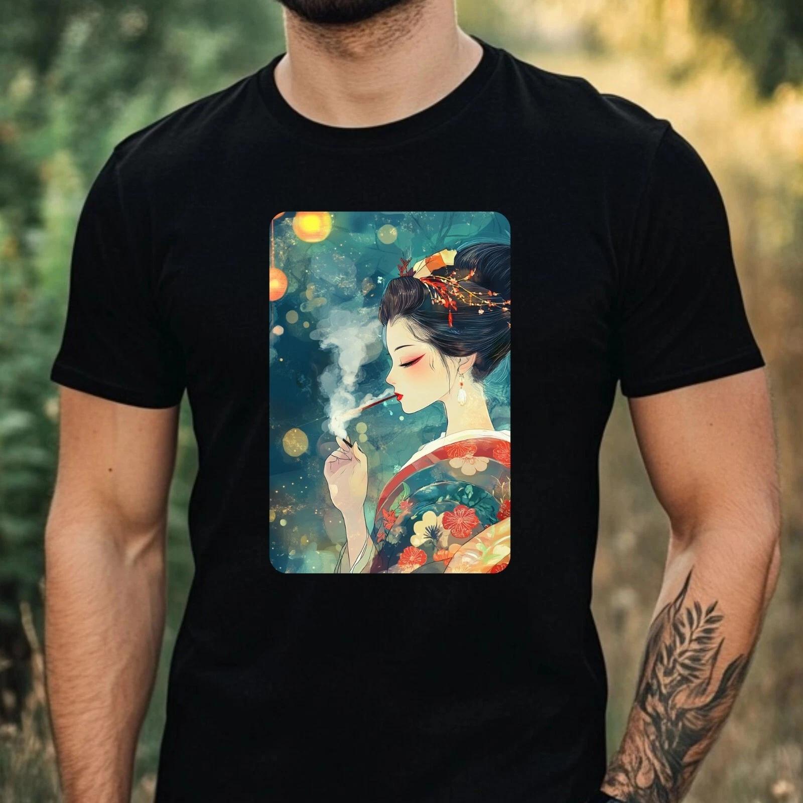 T-Shirt Herren Geisha Raucht Motiv Baumwolle Größe XS bis 5XL XXL