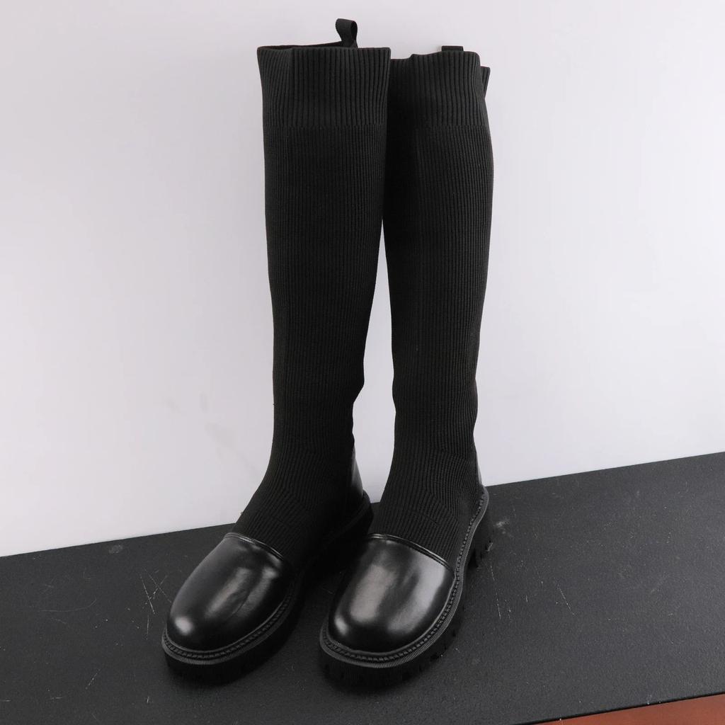 Winter Women Sock High Boots Knitting Mid Heels Fashion Shoes Woman Brand 2025 Trend Goth Fad Pumps Cozy Party Snow Botas Mujer