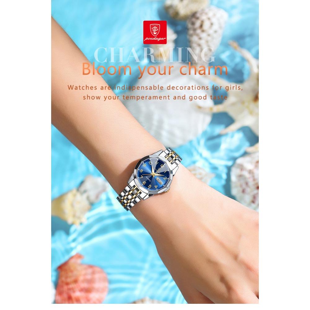 POEDAGAR Montre-bracelet étanche lumineuse à date en acier inoxydable pour femme, Montres tendance pour dames, Cadeaux pour femmes