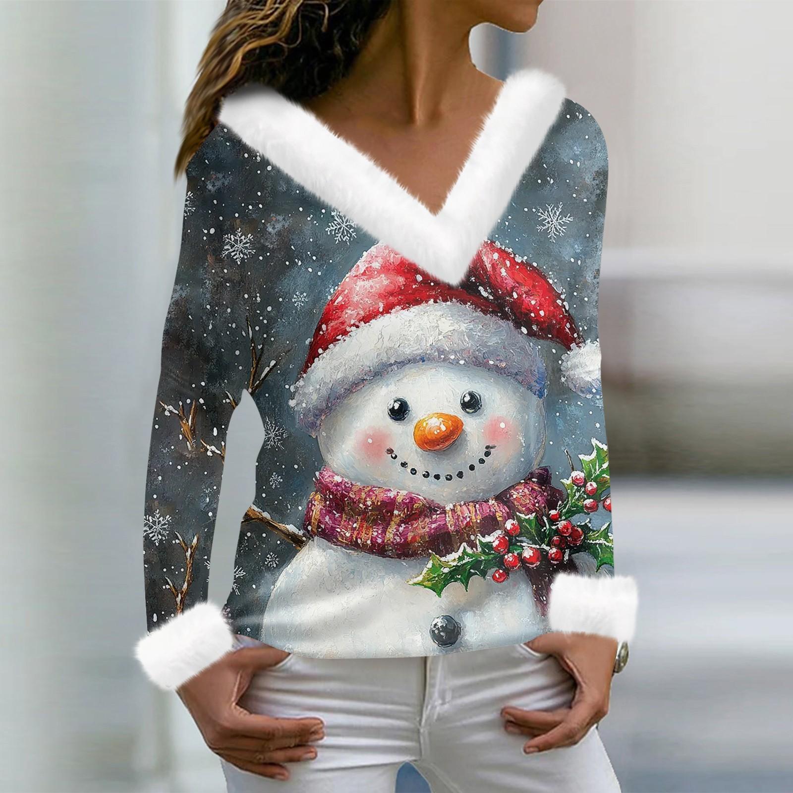 

Женская футболка с рождественским принтом, длинный рукав, флисовый воротник, V-образный вырез, футболка L