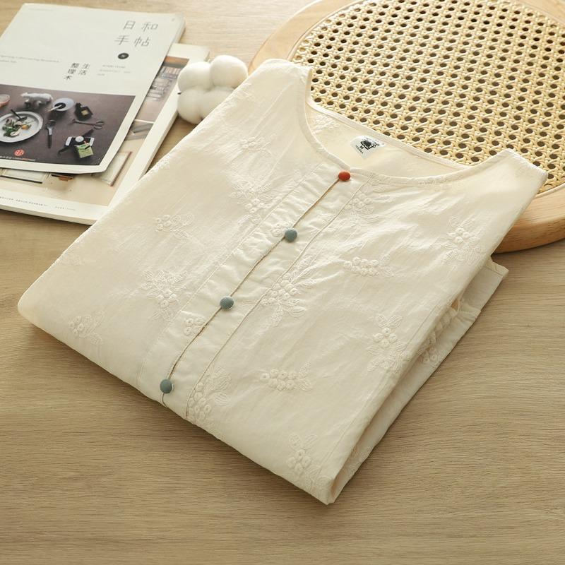 Spring Thin Pure Cotton Round Neck Women's Shirt with Full Embroidery Fresh Sweet Color Buckle Age Reducing Artistic Shirt