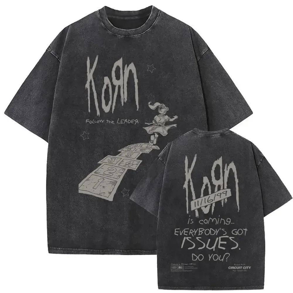 Korn Follow the Leader 1998 Nu Metal Album Graphic Oversized Vintage Washed Streetwear T-Shirt Featuring "Got the Life" & "All In the Family" for Rock