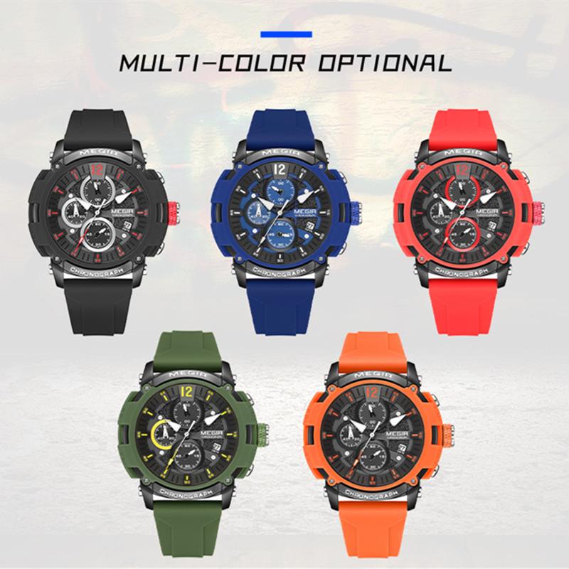 MEGIR Watches for Men Silicone Strap Quartz Chronograph Waterproof Luxury Military Sport Wristwatch Auto Date Reloj Hombre 2208